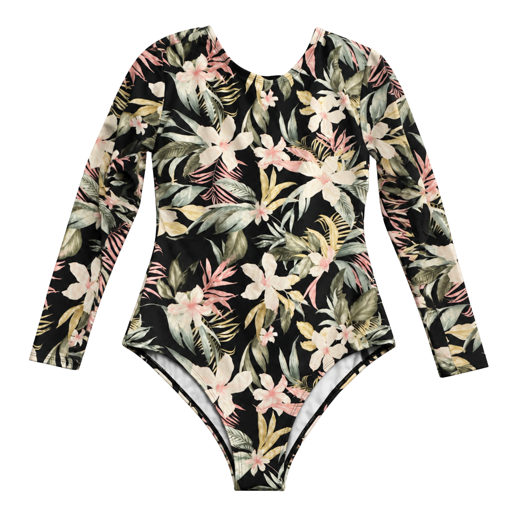 Women's Tropical Print Long Sleeve One Piece Swimsuit - Kona Sol Black M 1
