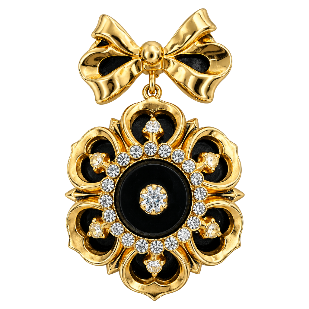 Coro Flower Bow Rhinestone Black Enamel Brooch Pin 1