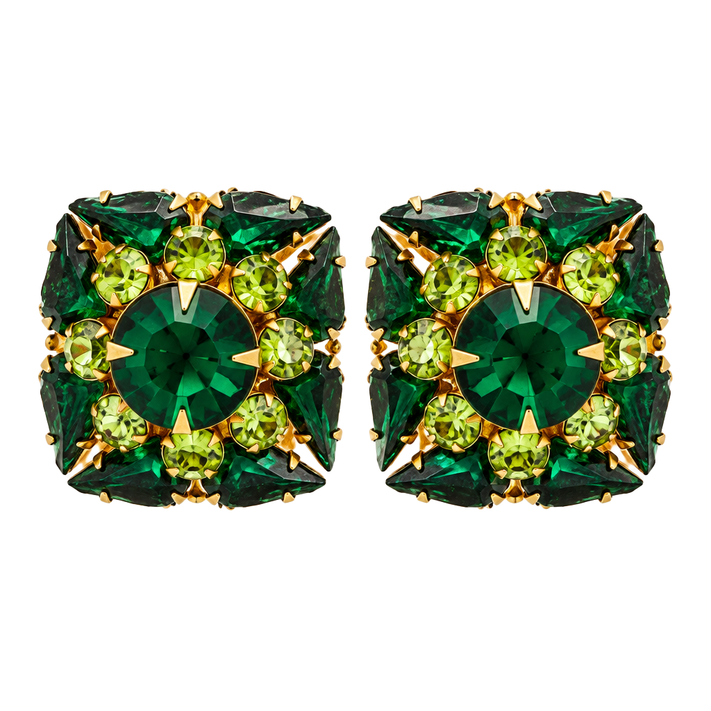 Judy Lee uranium Vintage Green Rhinestone Clip On Earrings 1