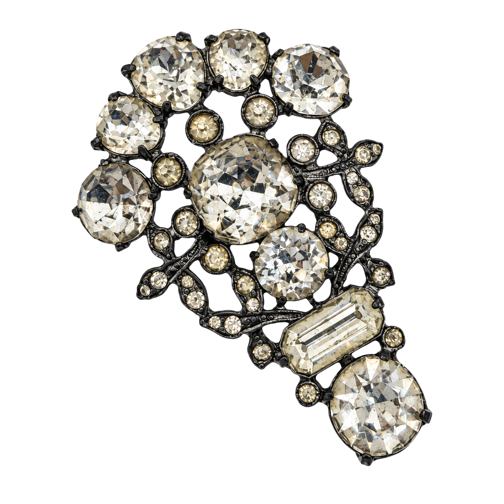 Vintage Art Deco Pot Metal Clear Rhinestone Brooch Pin 1