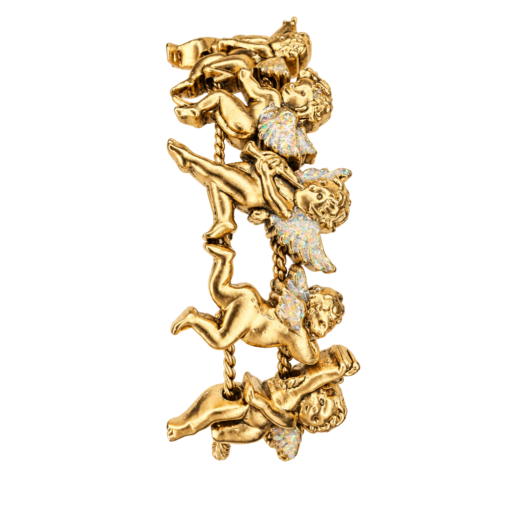 Vintage Gold Tone Cherub Angel Charm Bracelet Size 7.5 1