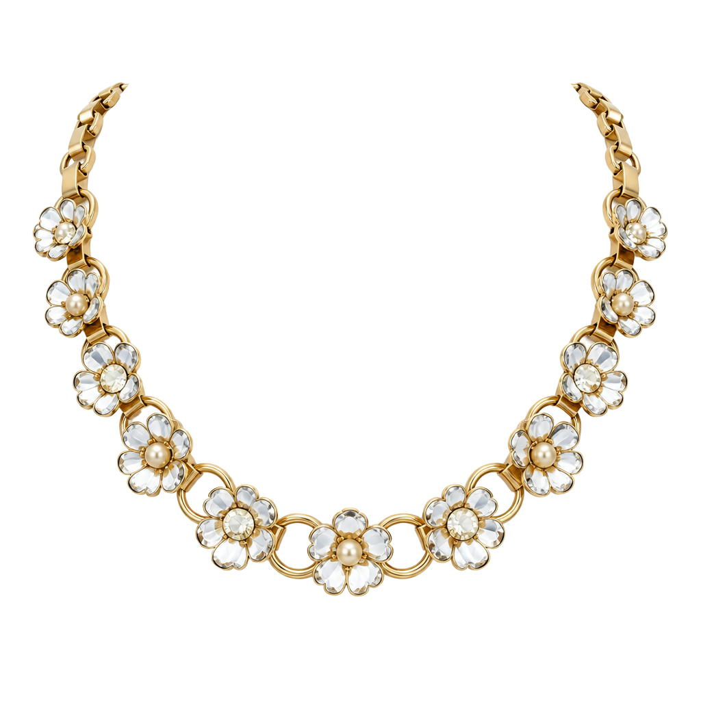Vintage Gold Tone White Flower Rhinestone Choker Necklace 1