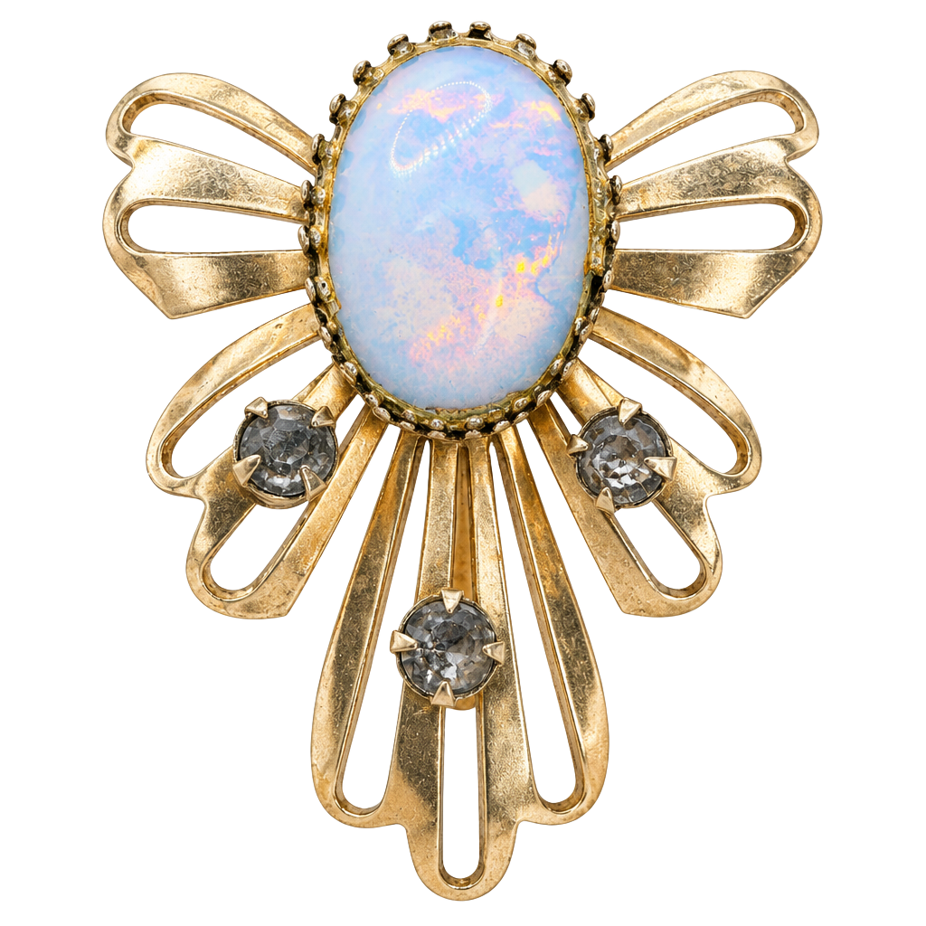 Vintage Silver Tone Opaline Glass Rhinestone Brooch 1