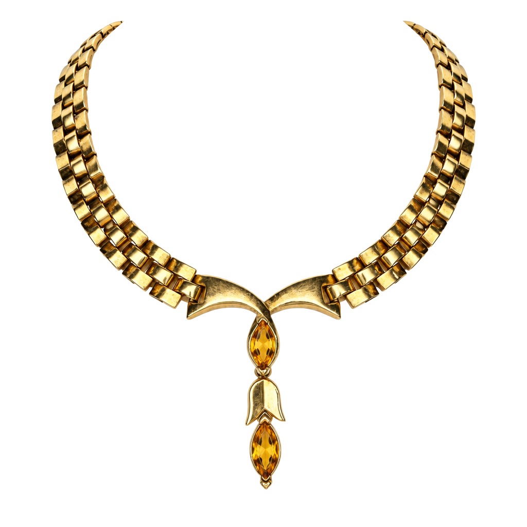 Vintage Gold Tone Amber Rhinestone Necklace Drop Collar 1