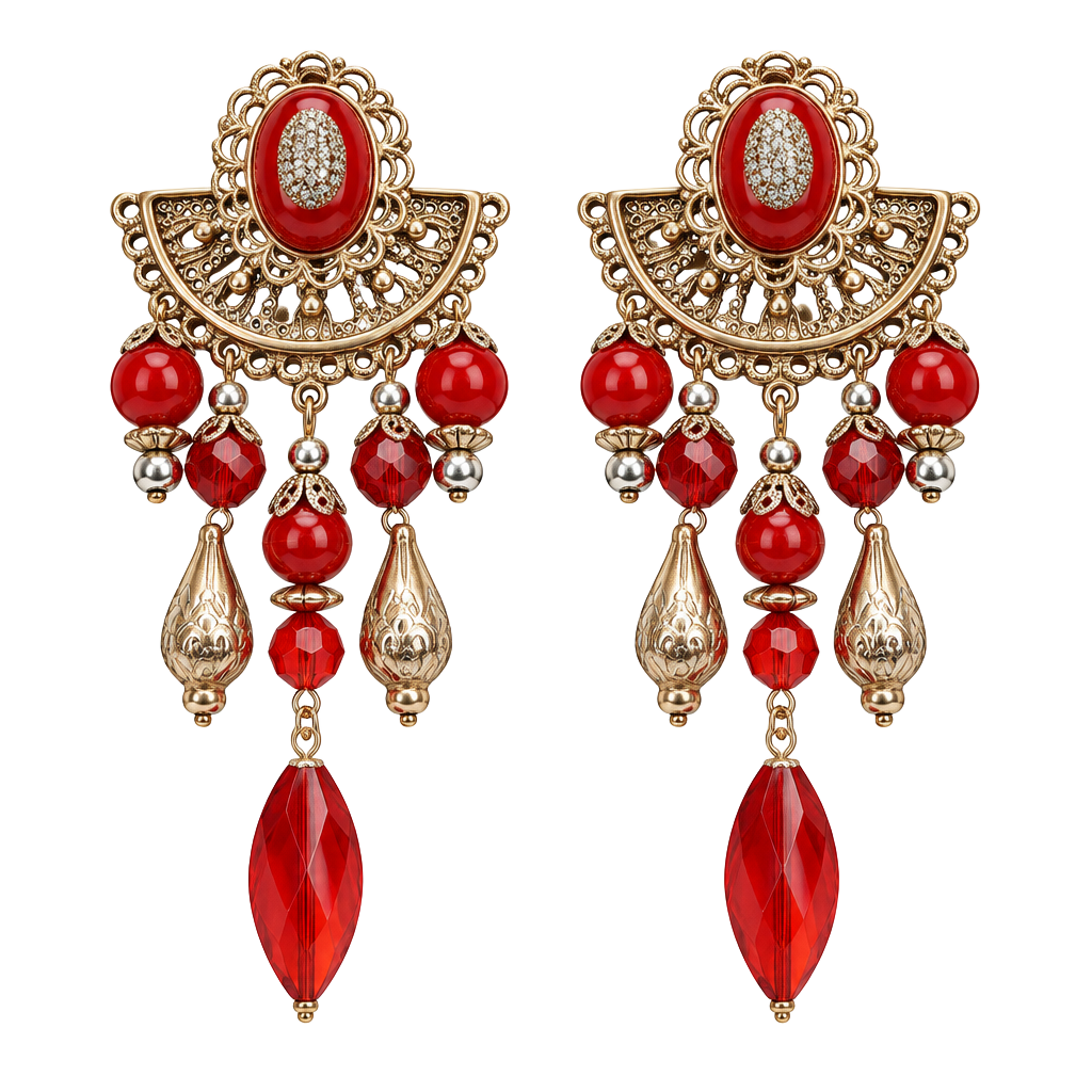 Vintage Filigree Red Bead Chandelier Clip-On Earrings 1