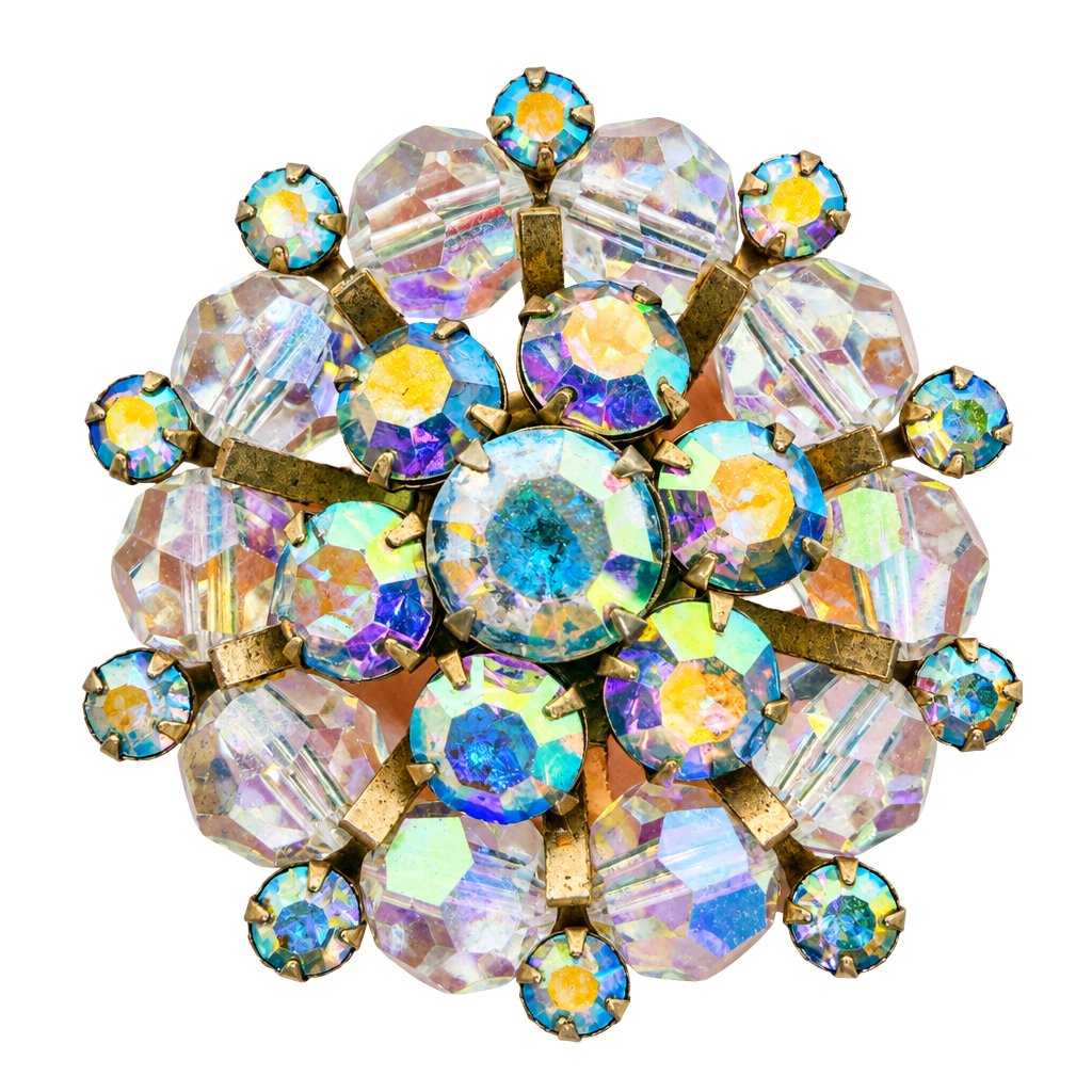 Vintage Aurora Borealis Crystal Cluster Gold Tone Brooch 1