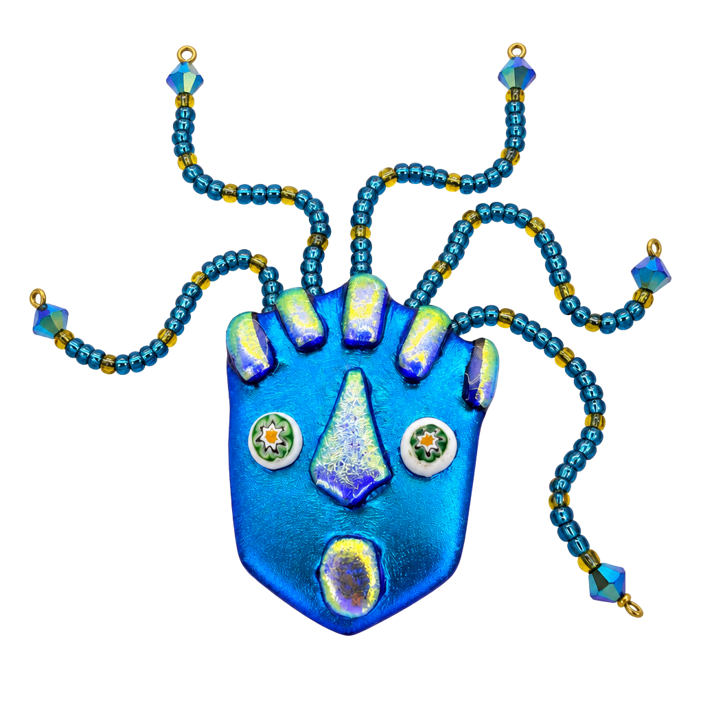 Blue Art Glass Beaded Zany Face Pin Brooch 1
