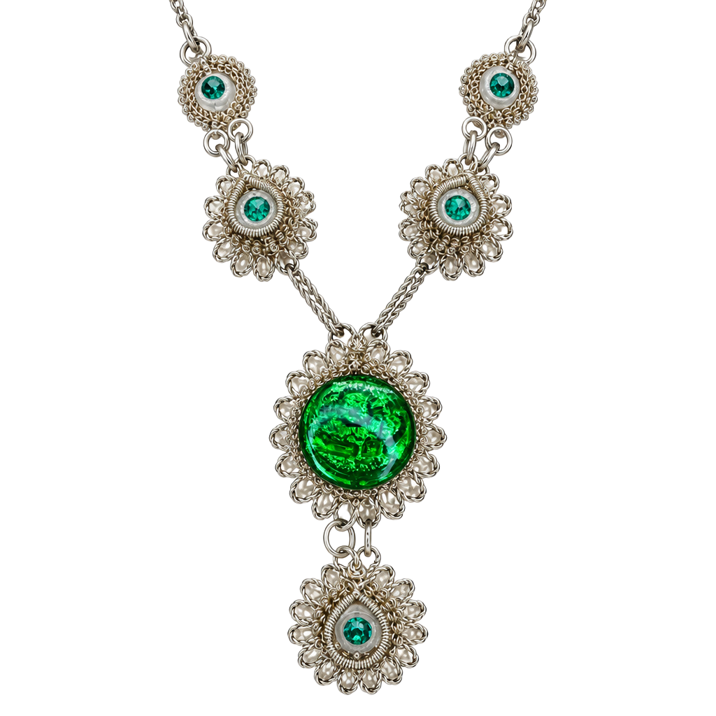 Antique Silesian Iron Wirework Necklace 14 Inch Green Czech Glass 1