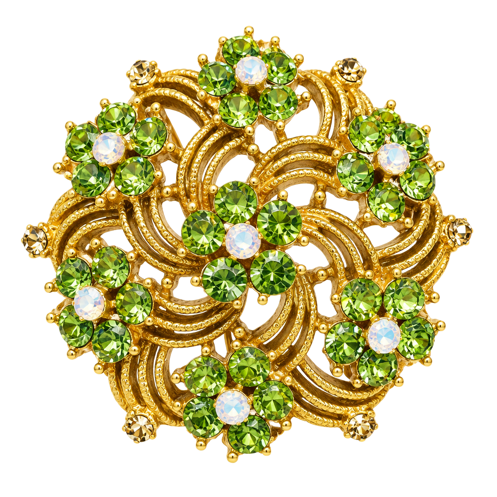 Vintage uranium Gold Tone Green Rhinestone Flower Brooch Pin 1