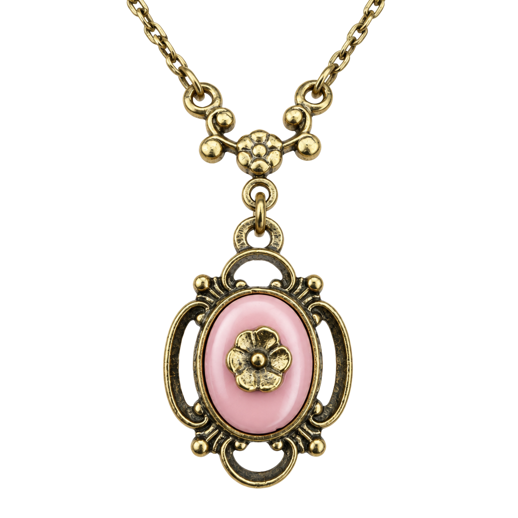 1928 Necklace Pink Porcelain Flower Filigree 15 Inch 1