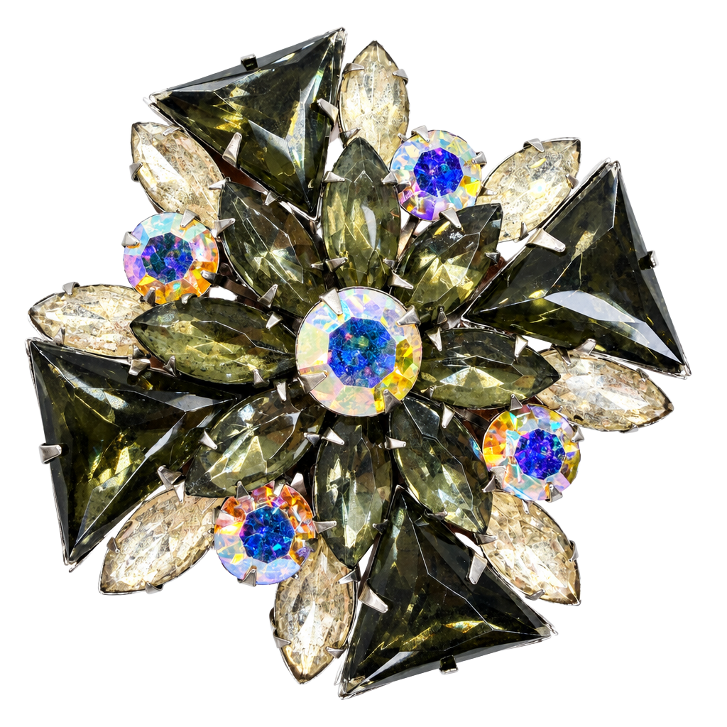 Vintage Smokey Crystal Flower Brooch Aurora Borealis 1