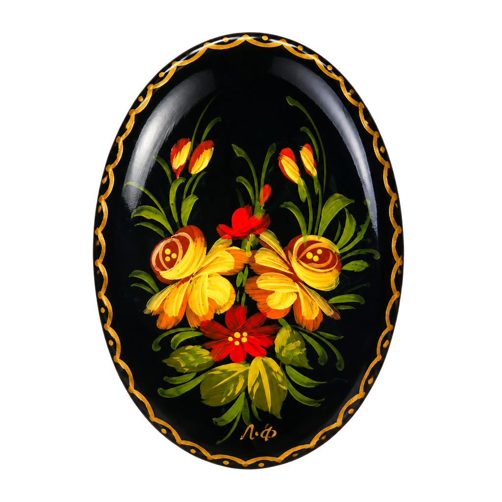 Vintage Russian Lacquer Floral Hand Painted Brooch Pin 1