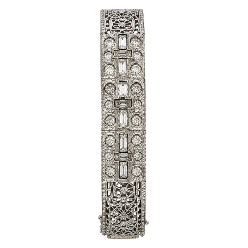 All Co Antique Art Deco Filigree Rhinestone Bracelet 1