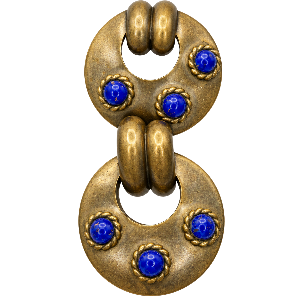 Vintage Gold Tone Blue Cabochon Doorknocker Clip Earrings 1