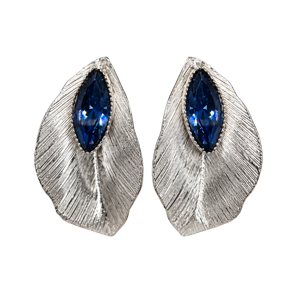 Whiting & Davis Silver Tone Leaf Blue Rhinestone Earrings 1