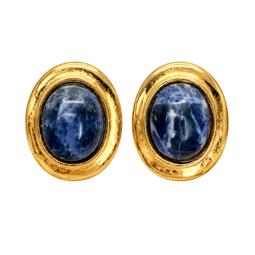 Francesca Romana Clip-On Earrings Blue Cabochon Gold Tone 1
