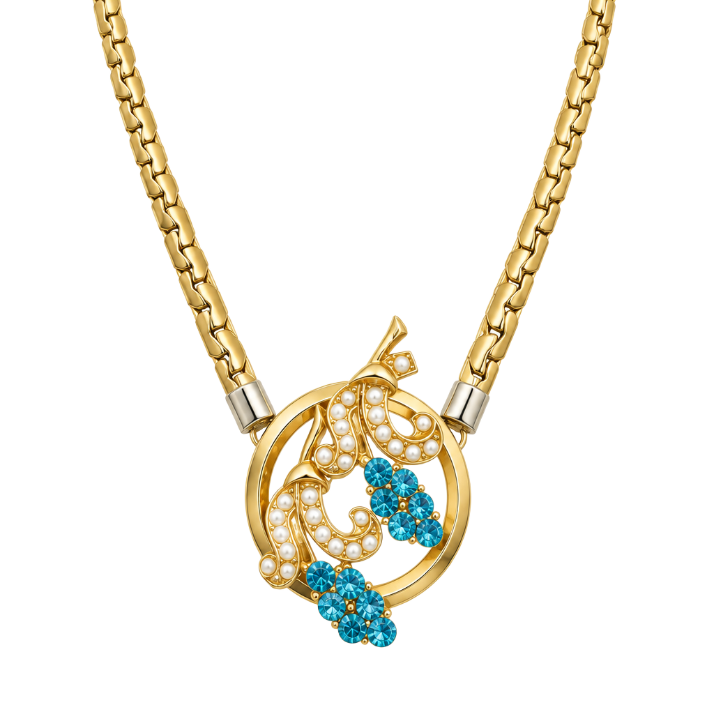 Vintage Gold Tone Blue Rhinestone Pearl Pendant Necklace 1