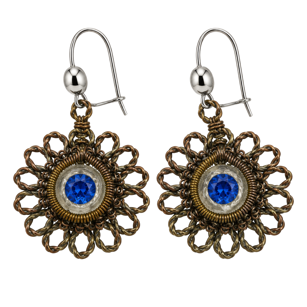 Antique Prussian-Silesian Iron Wire-Work Blue Rhinestone Earrings 1
