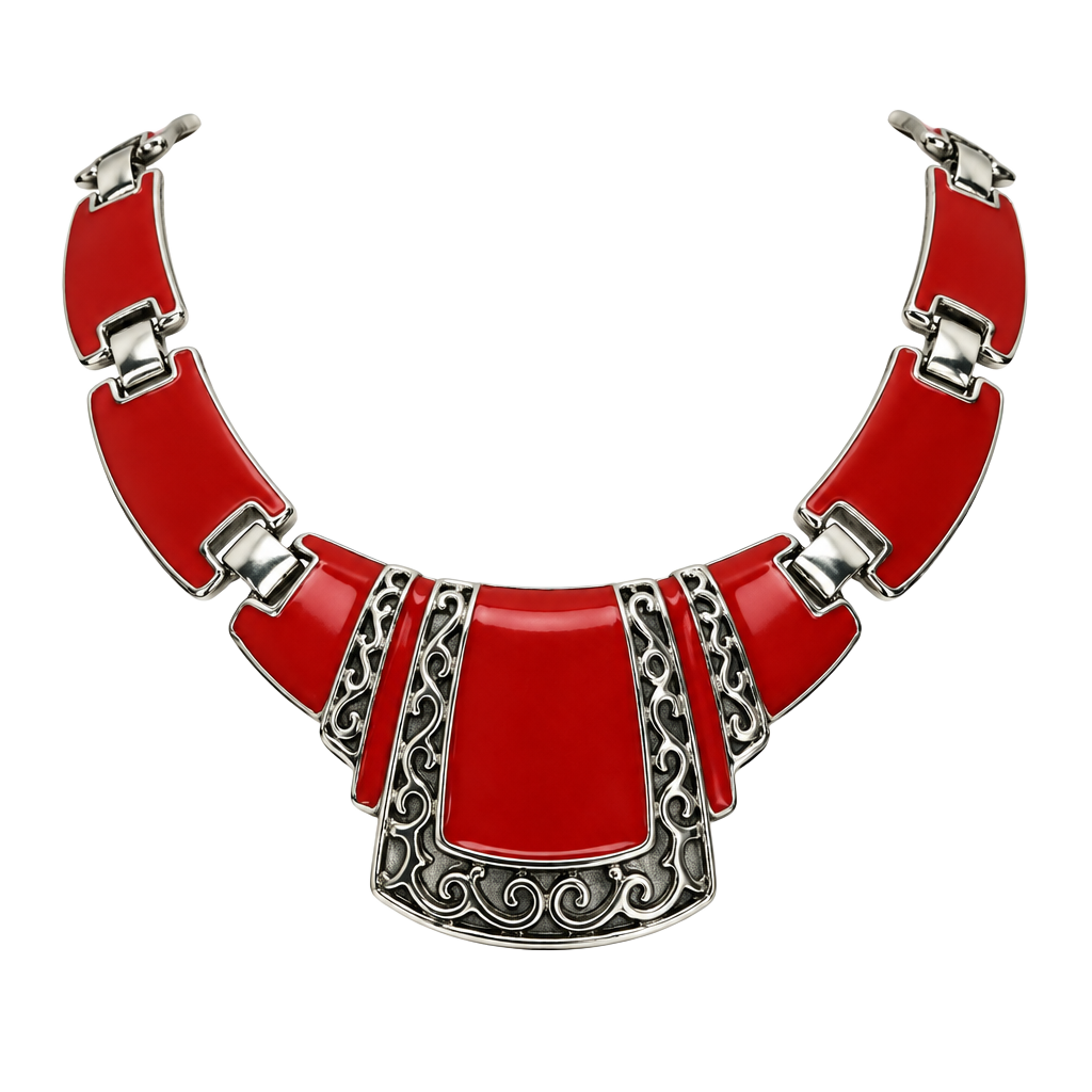 Vintage Red Enamel Bib Necklace 16 Inch Gold Tone 1