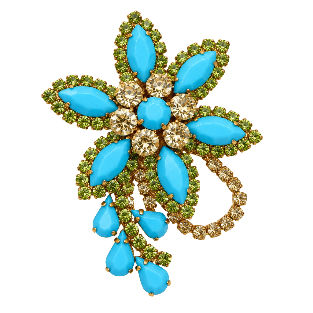 Vintage Statement Flower Brooch Gold Tone Turquoise Rhinestone 1