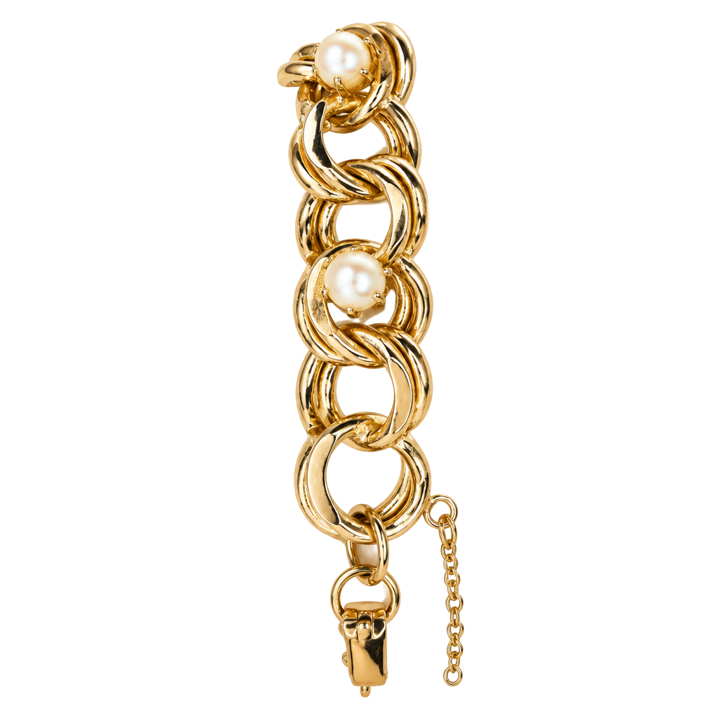 Vintage Faux Pearl Gold Tone Double Link Charm Bracelet 7 In 1