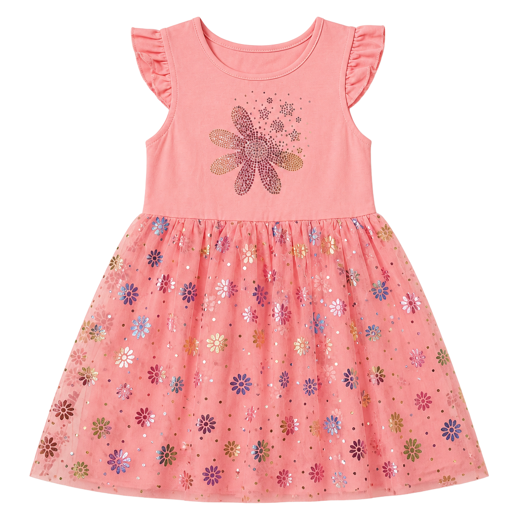 Zunie Girl Pink Tulle Dress Size 6 Flutter Sleeve Floral Applique Tutu Dress 1