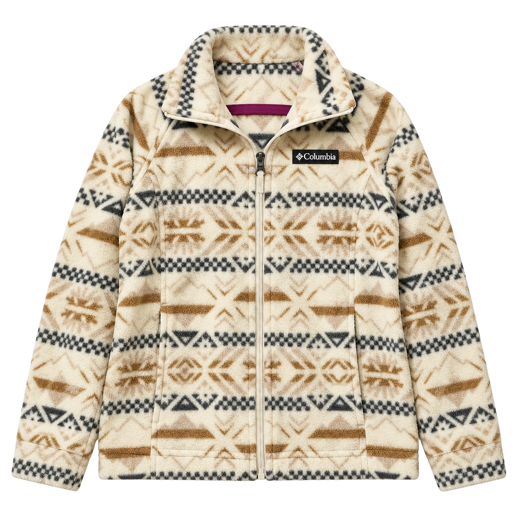 Columbia Benton Springs Printed Full Zip Fleece Jacket XS (6/8) White Brown 1