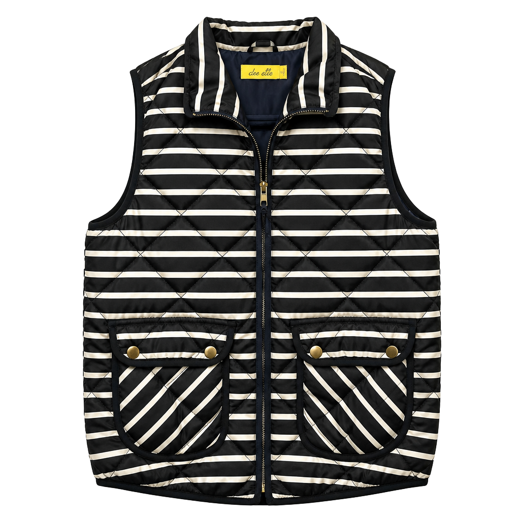 Dee Elle Black and Ivory Striped Puffer Vest 1