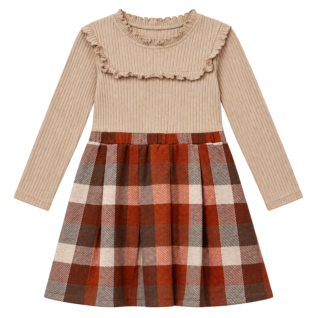 Little Lass Dress Size 6 Tan Plaid Long Sleeve Ruffle Knit 1
