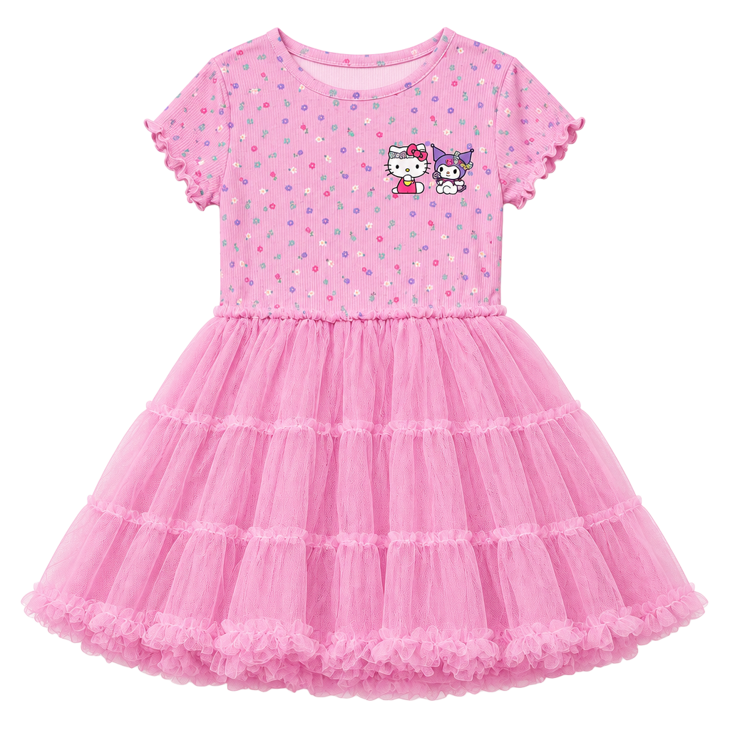 Hello Kitty And Friends Skater Dress Size M (8) Pink Tulle Skirt Short Sleeve 1