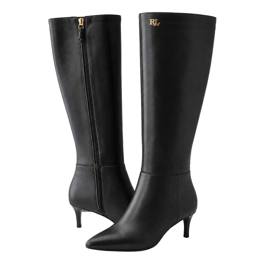 Lauren Ralph Lauren McKay Tall Leather Kitten Heel Boots Black Size 7 1