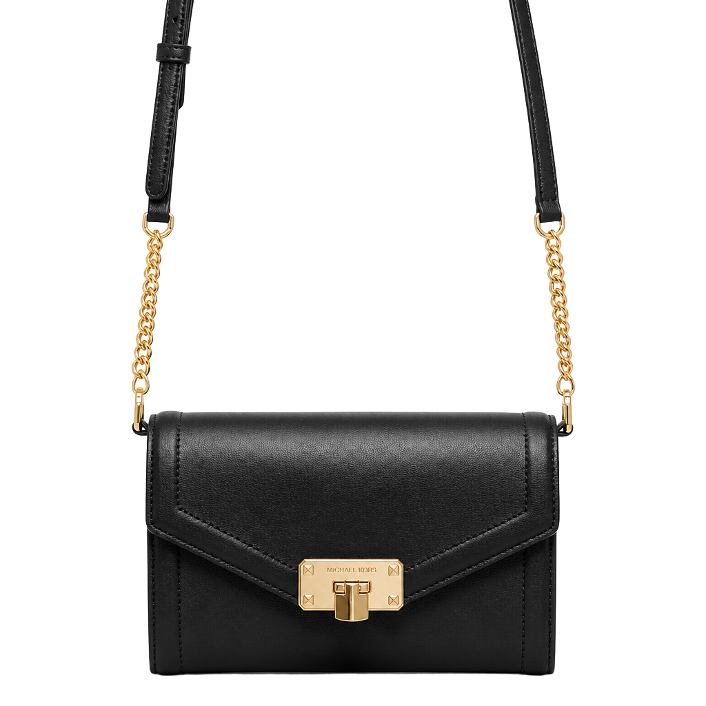 Black Michael Kors Leather Crossbody Wallet Gold Chain Evening Bag Purse 1
