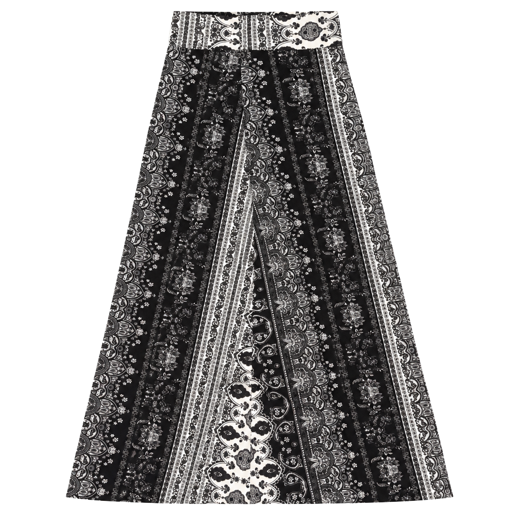 Boho Black White Paisley Floral Print Fitted Long Skirt 1