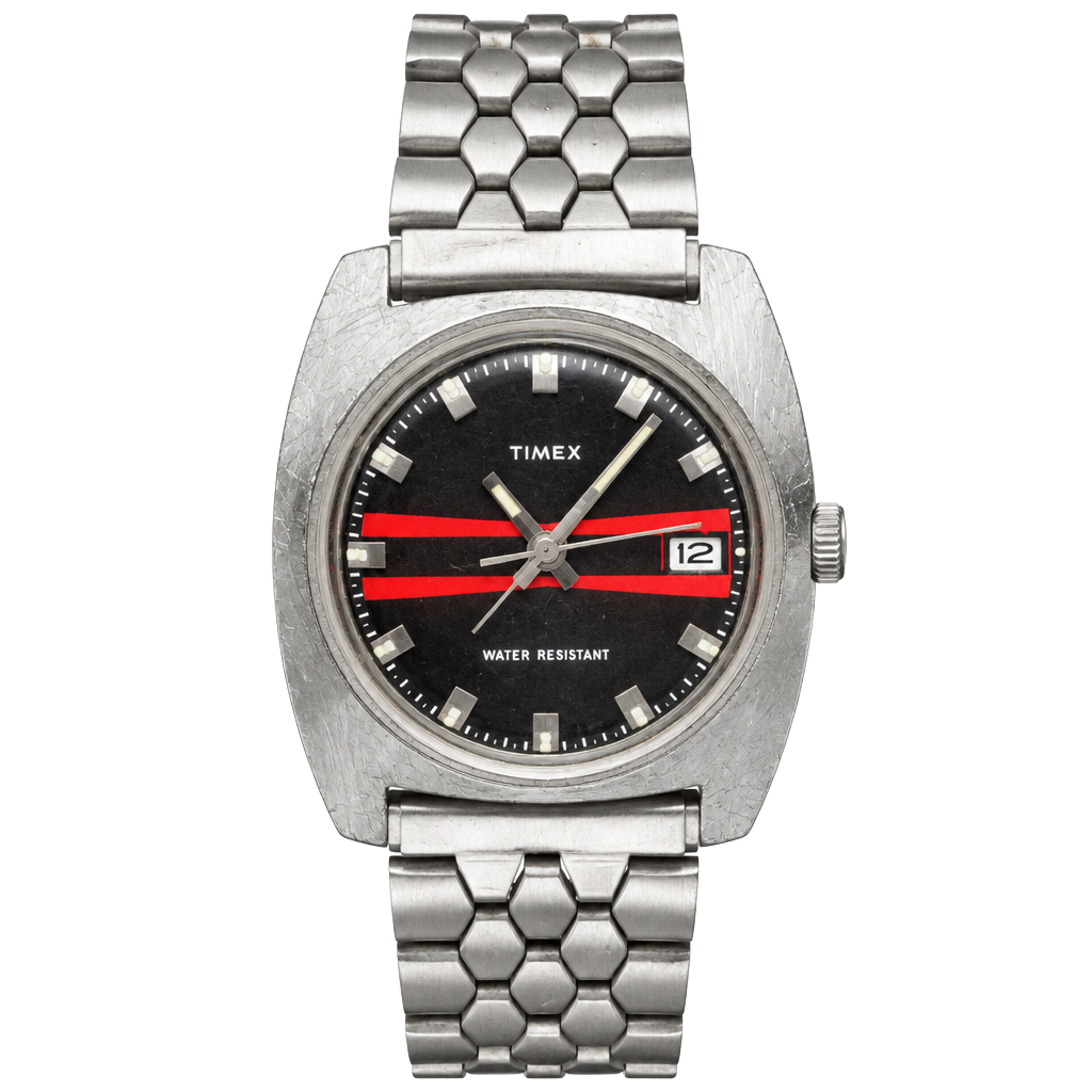 Timex Vintage Mechanical Watch Red Racing Stripe Black Dial Cushion 1