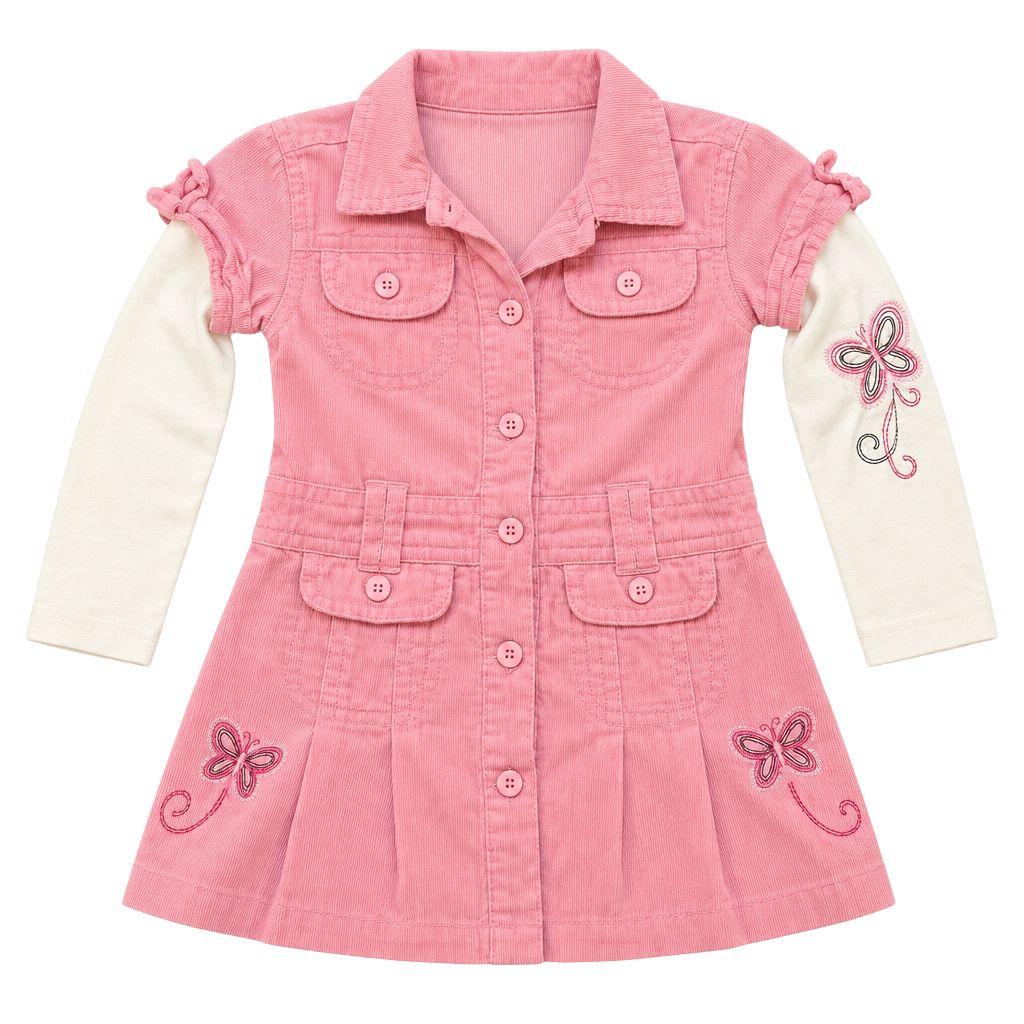 Sweet Kids Corduroy Dress Size 18M Pink Butterfly Long Sleeve Layered 1