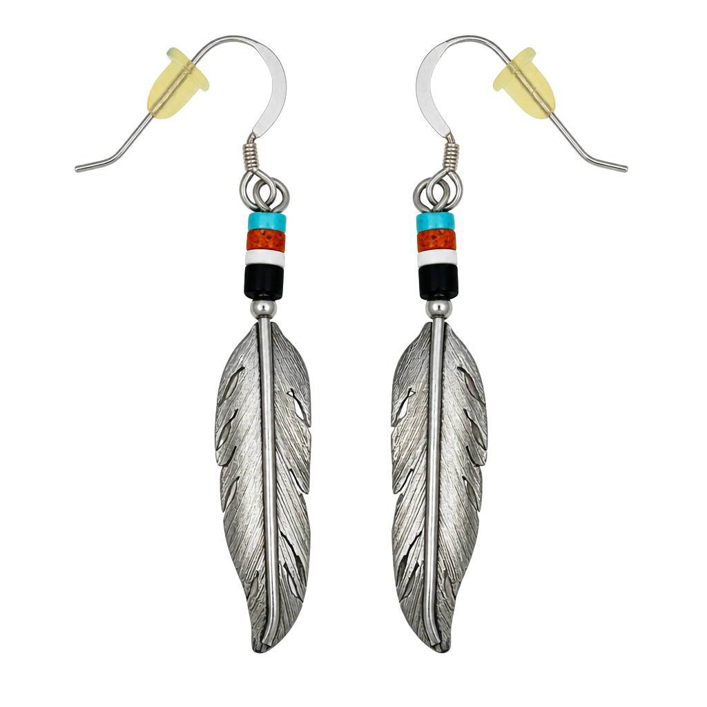 Chavez Santo Domingo Pueblo Sterling Silver Feather Earrings with Heishi Beads 1