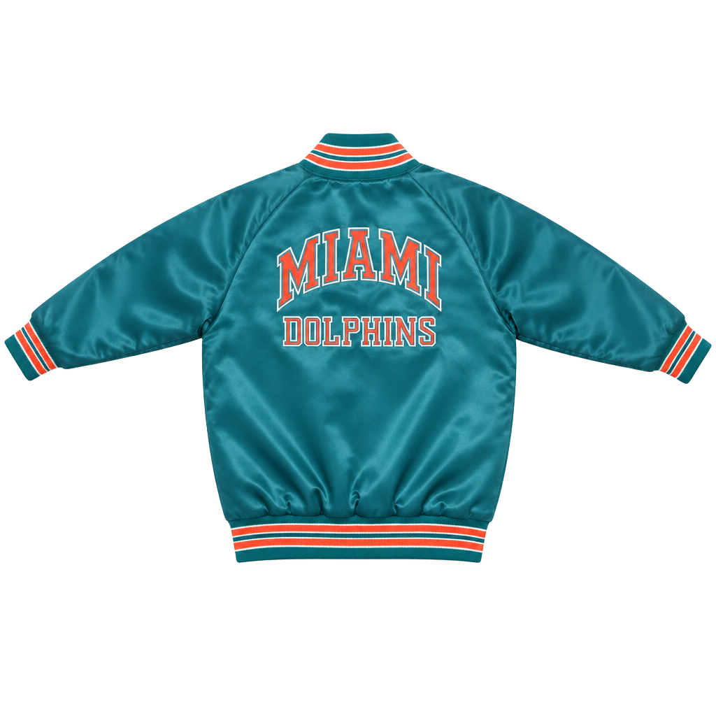 VTG 90s NFL MIAMI DOLPHINS CHALK LINE SATIN JACKET BOMBER SPELLOUT KIDS SZ 6/7 1