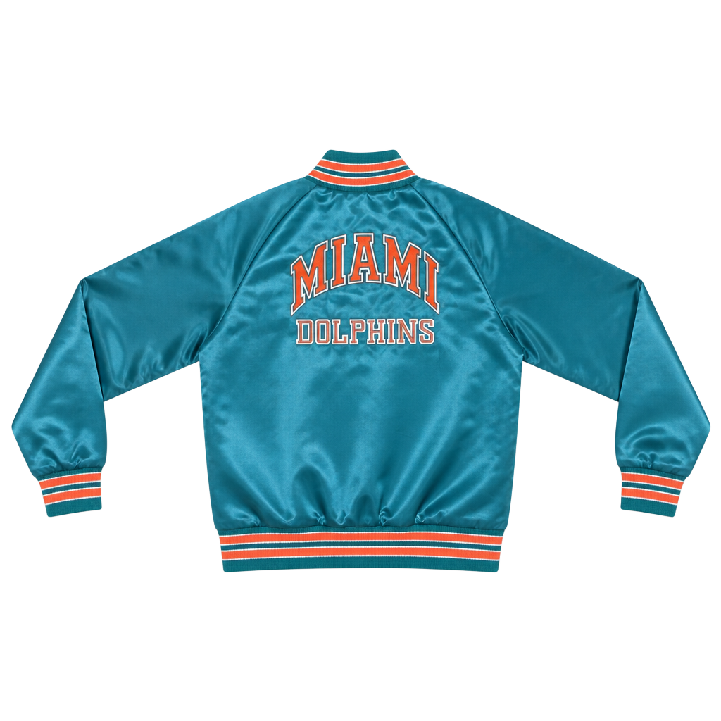 VTG 90s NFL MIAMI DOLPHINS CHALK LINE SATIN JACKET BOMBER SPELLOUT KIDS SZ 6/7 1
