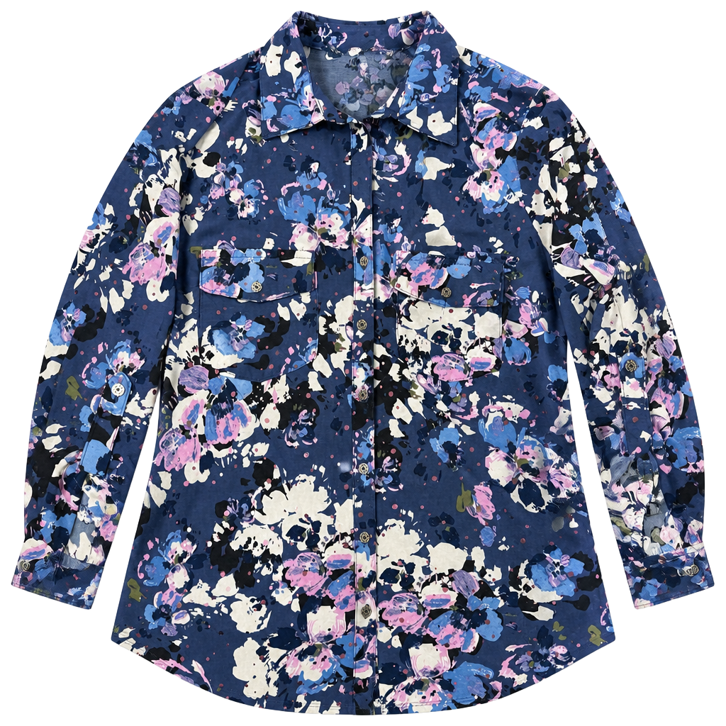 Emily Daniels Blouse Size M Blue Floral Button Down Sequins 3/4 sleeve w/button 1