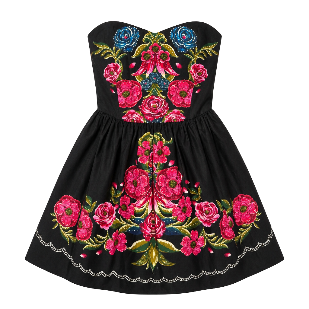 Forever 21 Strapless Floral Sweetheart Mini Dress Black Fuchsia Size L 1