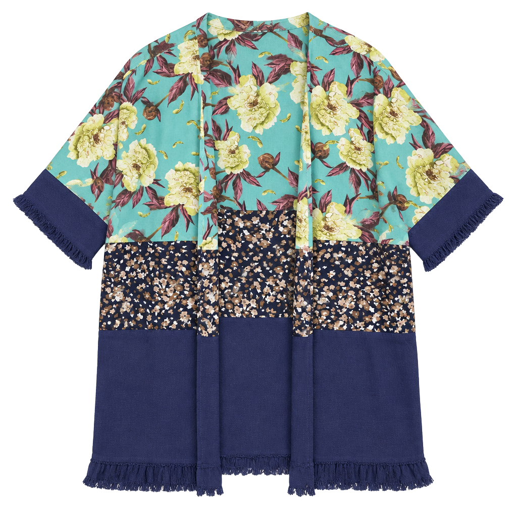 Umgee Floral Kimono Size S/M Blue Patchwork Ruffle Hem Boho Top 1