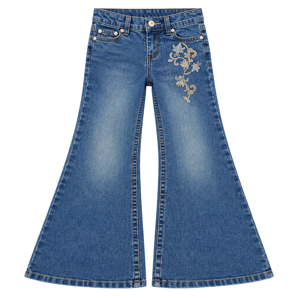 L.E.I. Gabby Lowrise Girls Flare Jeans Size 6 Embroidered Floral Denim 1