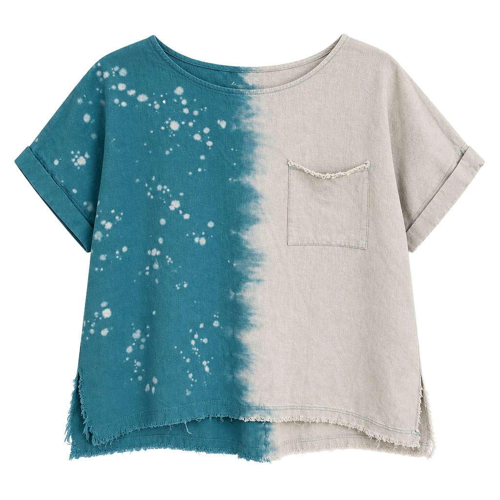 Umgee Blouse Size XL Teal Beige Bleach Splatter Raw Edge Pocket Top 1