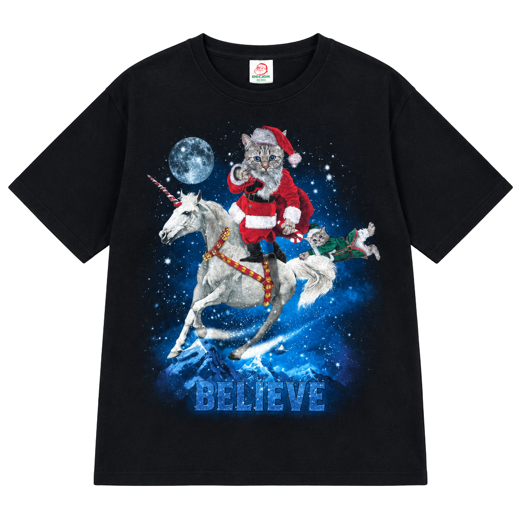 Dec. 25th Christmas Cat Santa Riding Unicorn Believe T-Shirt Size XL 1