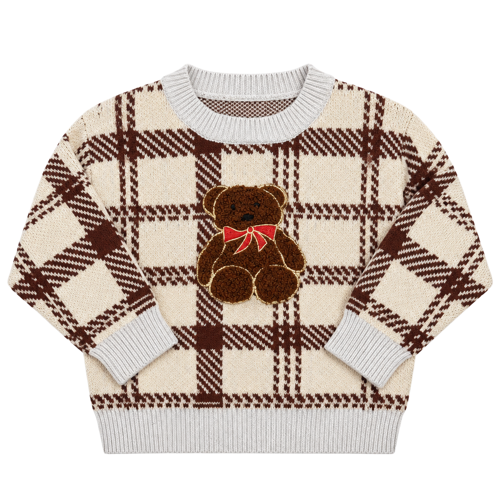 Shein Plaid Sweater with Teddy Bear Applique Size 4Y Brown White Knit Pullover 1