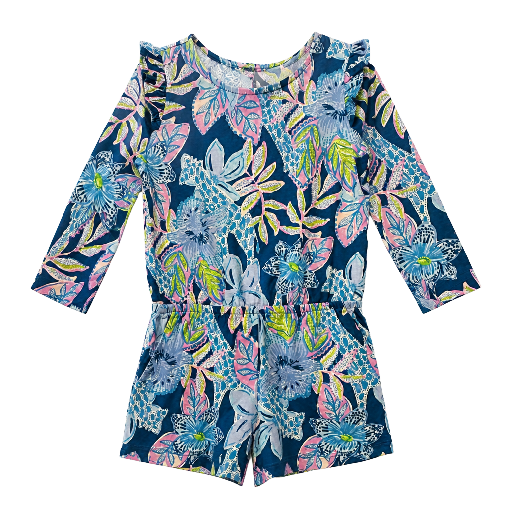 Lilly Pulitzer Girls Sasha Romper - Macaw Blue Tall Me About It 1