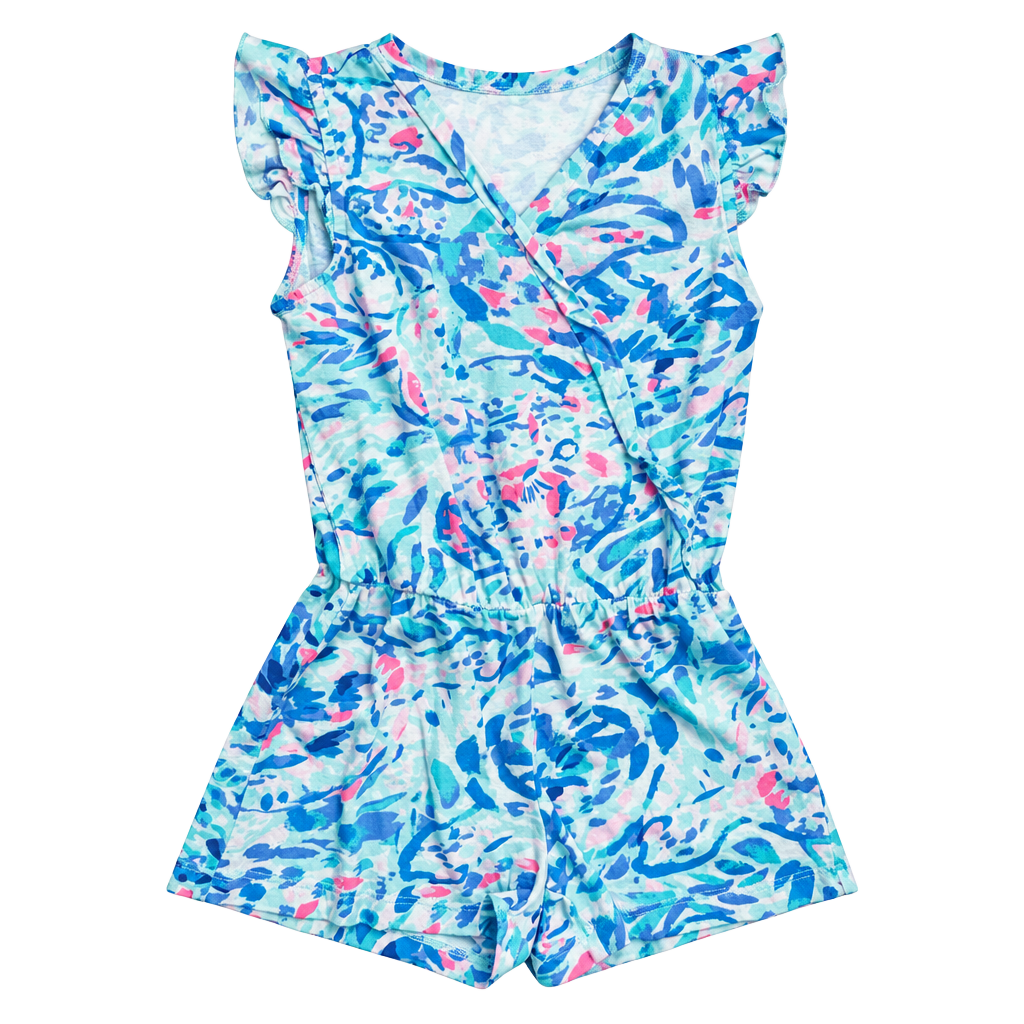 Lilly Pulitzer girls Romper Size 6-7 Blue Pink Abstract Print Flutter Sleeve 1