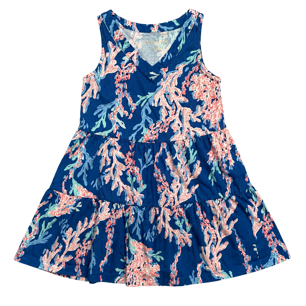Lilly Pulitzer Girls Mini Lorina Dress Size 4-5 Blue Coral Print Sleeveless 1