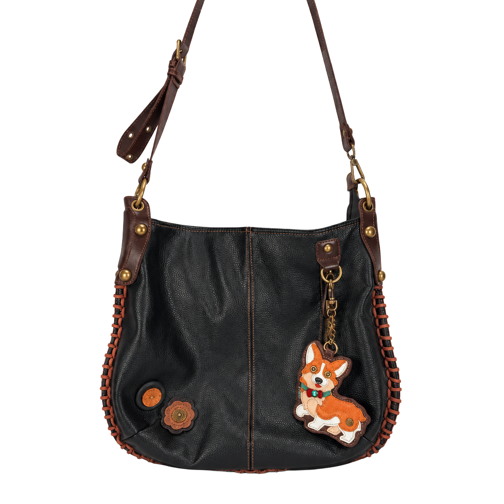 CHALA Corgi Shoulder Bag Black Leather Whipstitch Floral Boho 1