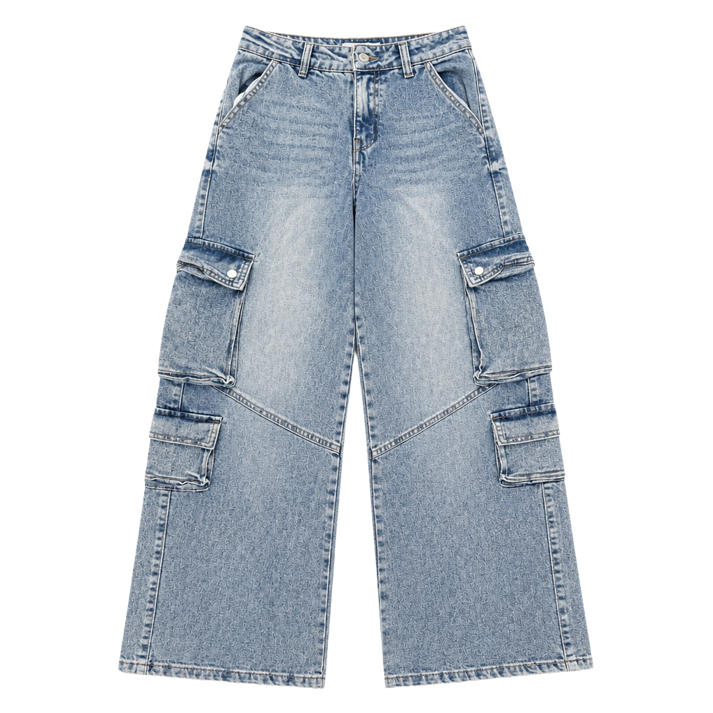 Love Tree Light Wash Wide Leg Denim Cargo Pants 1